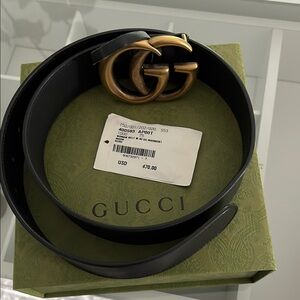 Gucci Black and Gold Leather Belt Iconic GG Design